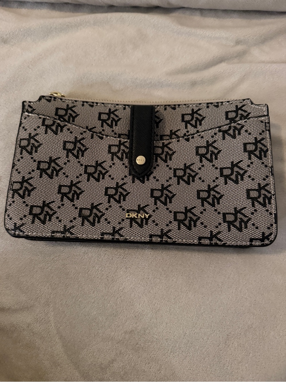 DKNY Black & White Logo Zip Wallet with Gold Hardware